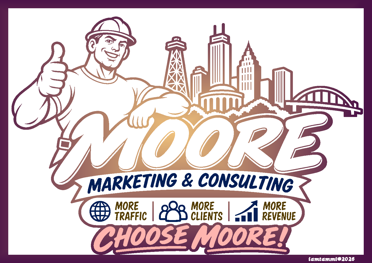 Moore Marketing & Consulting logo with the Tulsa Golden Driller and skyline. More traffic, more clients, more revenue. Choose Moore!